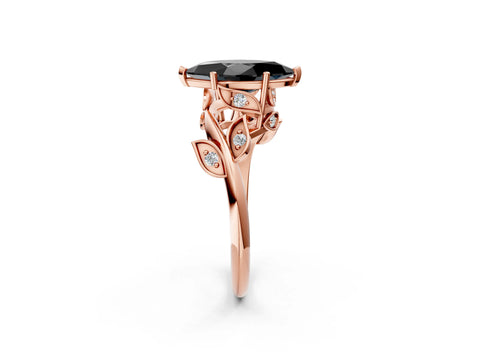 Rose gold Fancy Black Marquise Cut Solitaire Twist Engagement Ring with Leaf Accents and Prong Setting_14