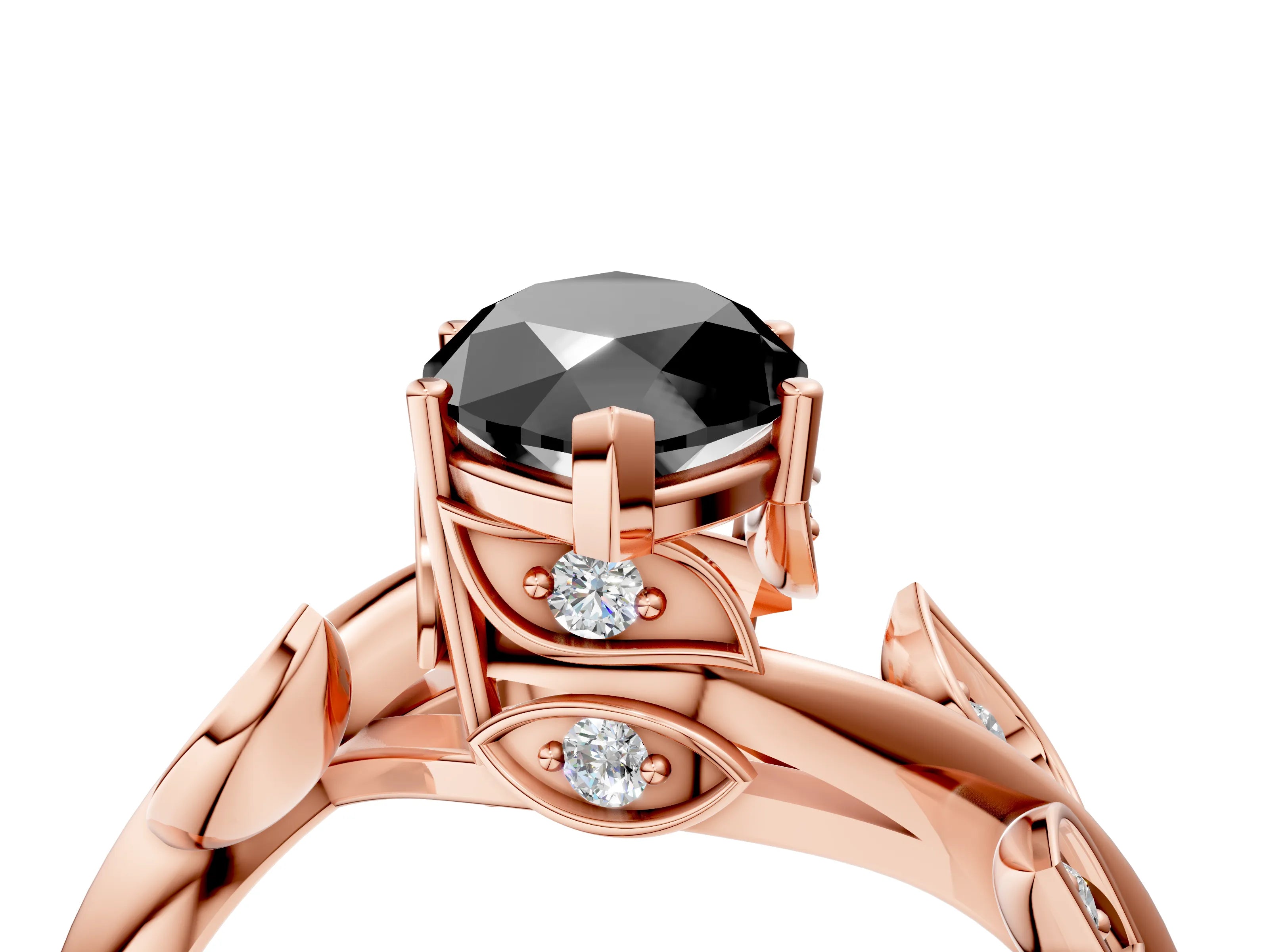 Rose gold Fancy Black Marquise Cut Solitaire Twist Engagement Ring with Leaf Accents and Prong Setting_16