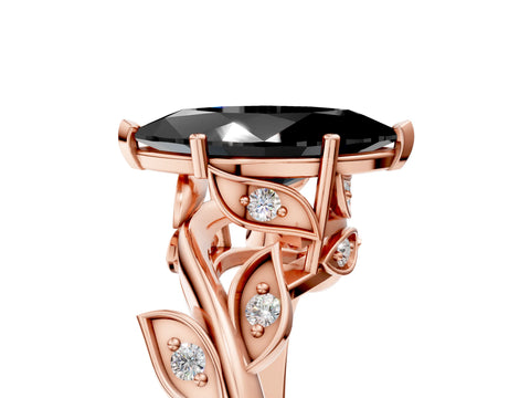 Rose gold Fancy Black Marquise Cut Solitaire Twist Engagement Ring with Leaf Accents and Prong Setting_17