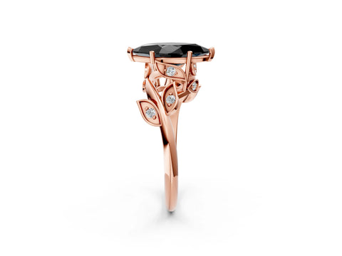 Rose gold Fancy Black Marquise Cut Solitaire Twist Engagement Ring with Leaf Accents and Prong Setting_2