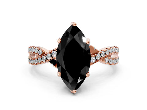 Rose gold Fancy Black Marquise Cut Solitaire Twist Pave Diamond Engagement Ring with Prong Setting