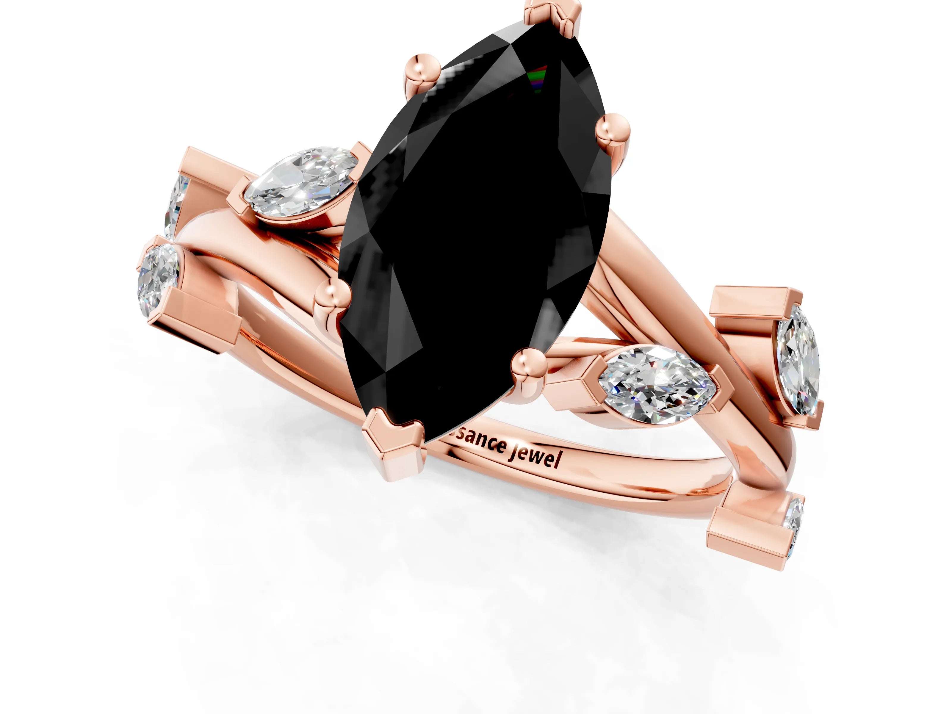 Rose gold Fancy Black Marquise Cut Solitaire Twisted Band Marquise Accent Prong Setting Ring_1