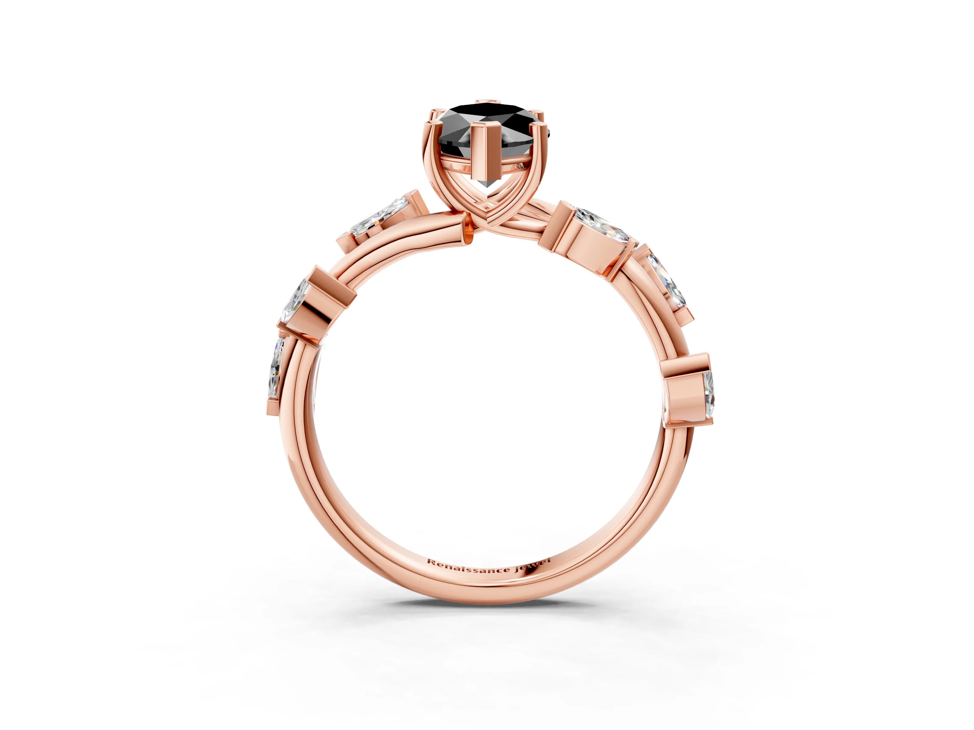 Rose gold Fancy Black Marquise Cut Solitaire Twisted Band Marquise Accent Prong Setting Ring_3