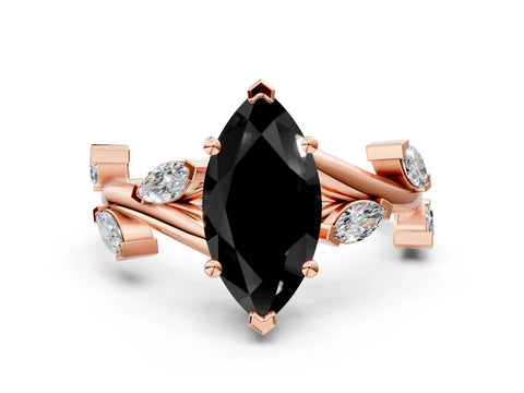 Rose gold Fancy Black Marquise Cut Solitaire Twisted Band Marquise Accent Prong Setting Ring