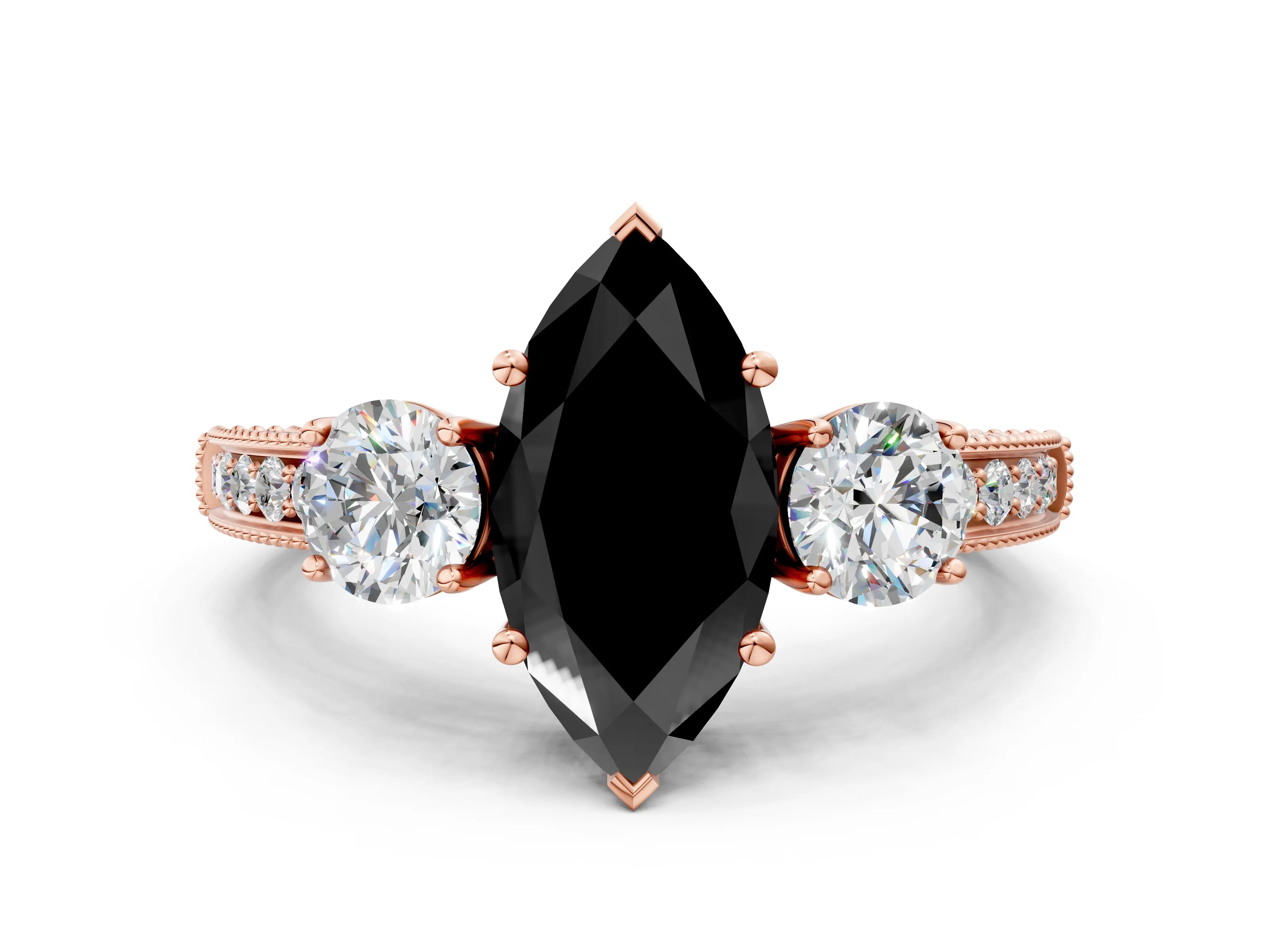 Rose gold Fancy Black Marquise Cut Three-Stone Diamond Ring with Pavé Band and Four-Prong Setting