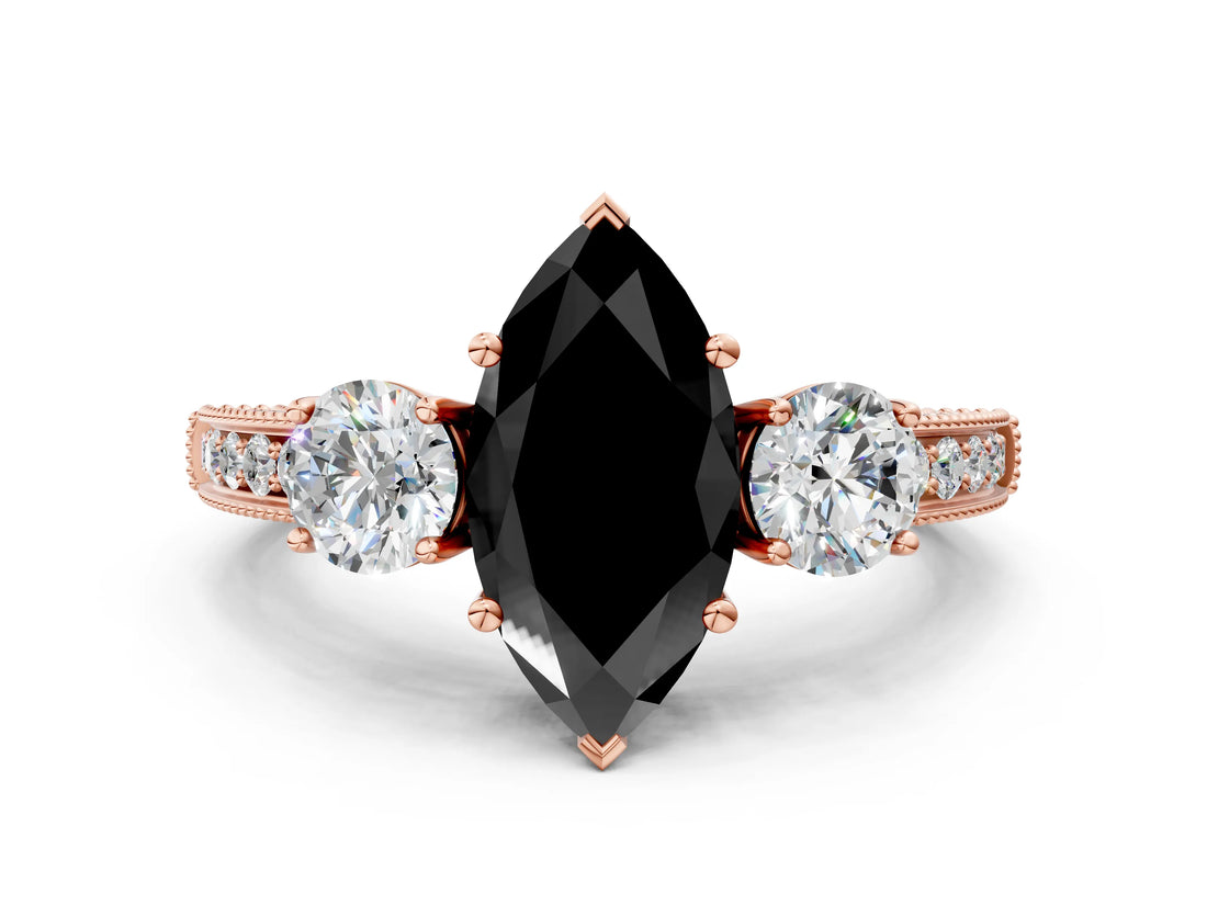 Rose gold Fancy Black Marquise Cut Three-Stone Diamond Ring with Pavé Band and Four-Prong Setting