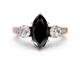 Rose gold Fancy Black Marquise Cut Three-Stone Diamond Ring with Pavé Band and Four-Prong Setting
