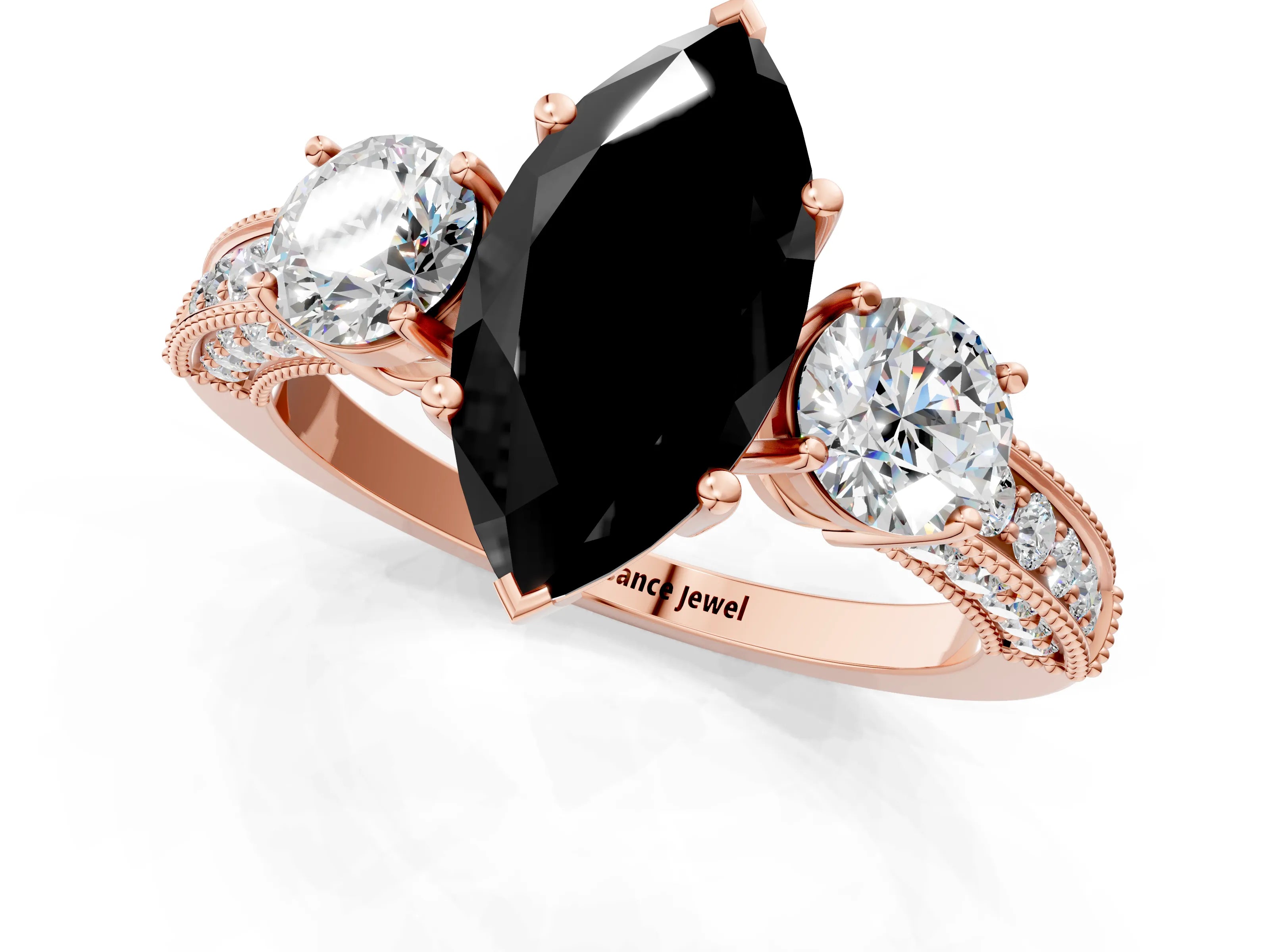 Rose gold Fancy Black Marquise Cut Three-Stone Diamond Ring with Pavé Band and Four-Prong Setting_1