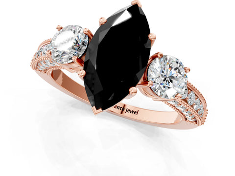 Rose gold Fancy Black Marquise Cut Three-Stone Diamond Ring with Pavé Band and Four-Prong Setting_1