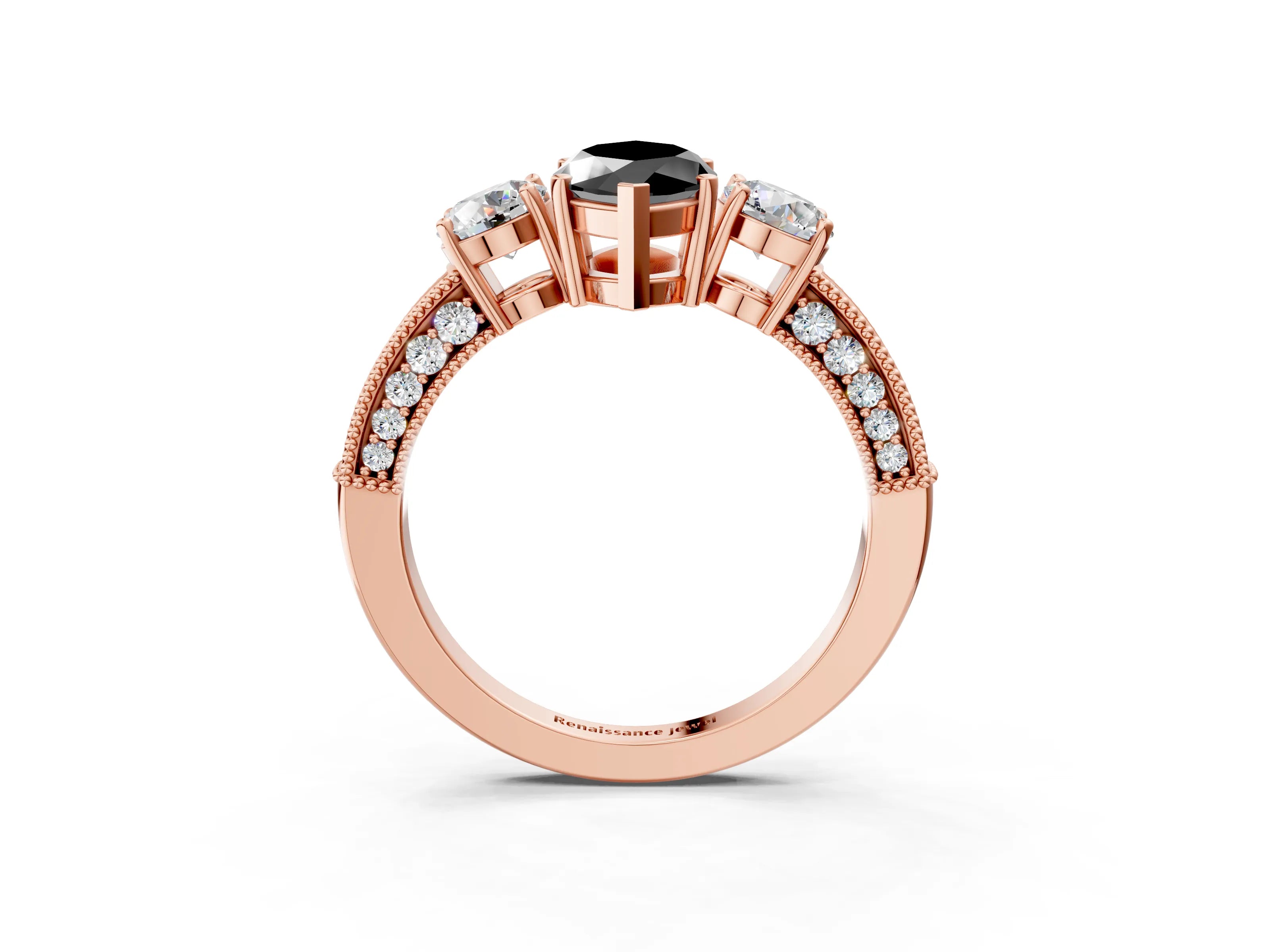 Rose gold Fancy Black Marquise Cut Three-Stone Diamond Ring with Pavé Band and Four-Prong Setting_3