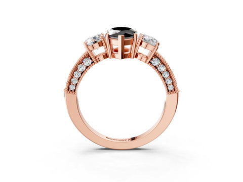 Rose gold Fancy Black Marquise Cut Three-Stone Diamond Ring with Pavé Band and Four-Prong Setting_3