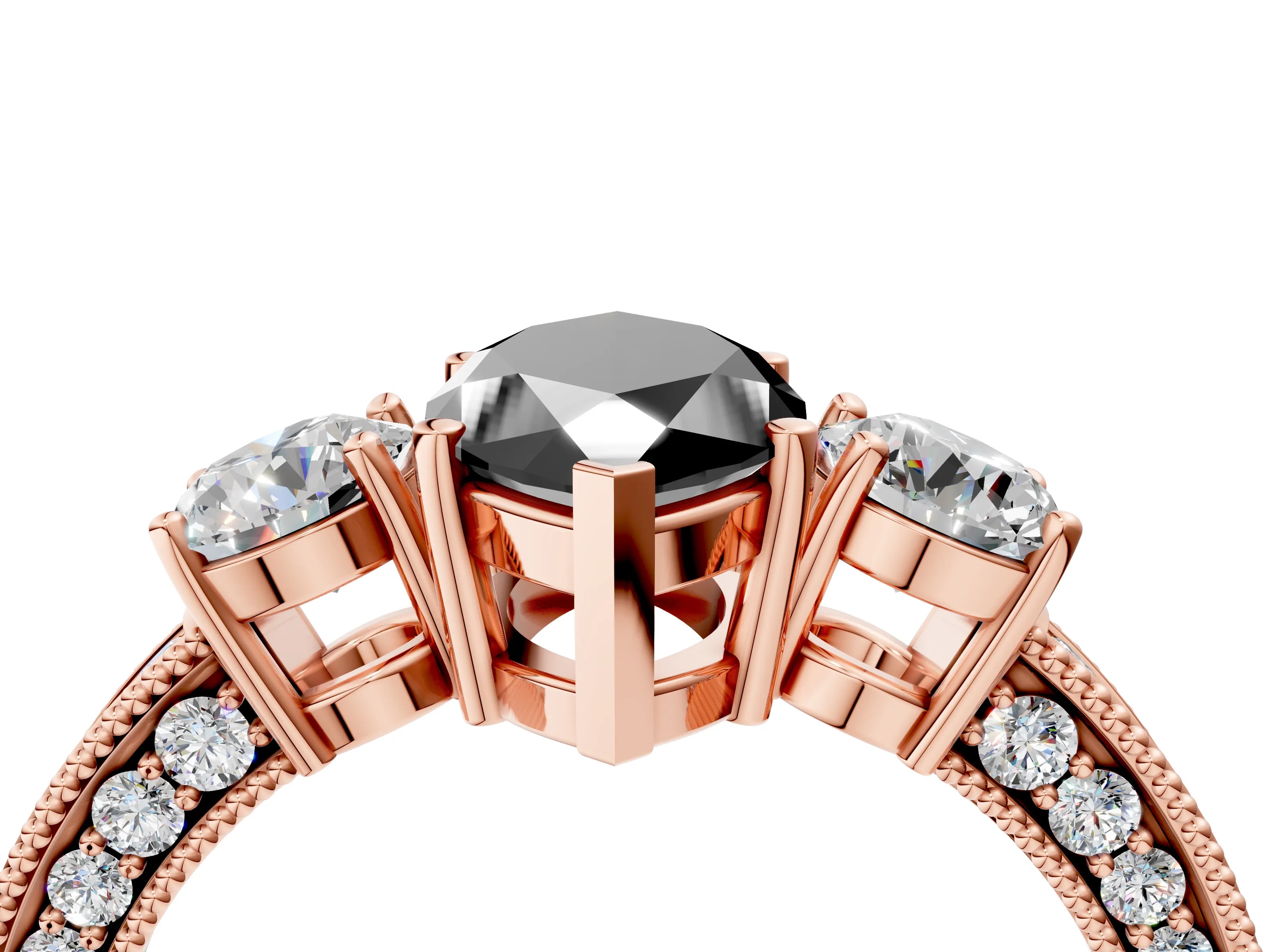Rose gold Fancy Black Marquise Cut Three-Stone Diamond Ring with Pavé Band and Four-Prong Setting_4