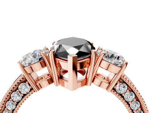 Rose gold Fancy Black Marquise Cut Three-Stone Diamond Ring with Pavé Band and Four-Prong Setting_4