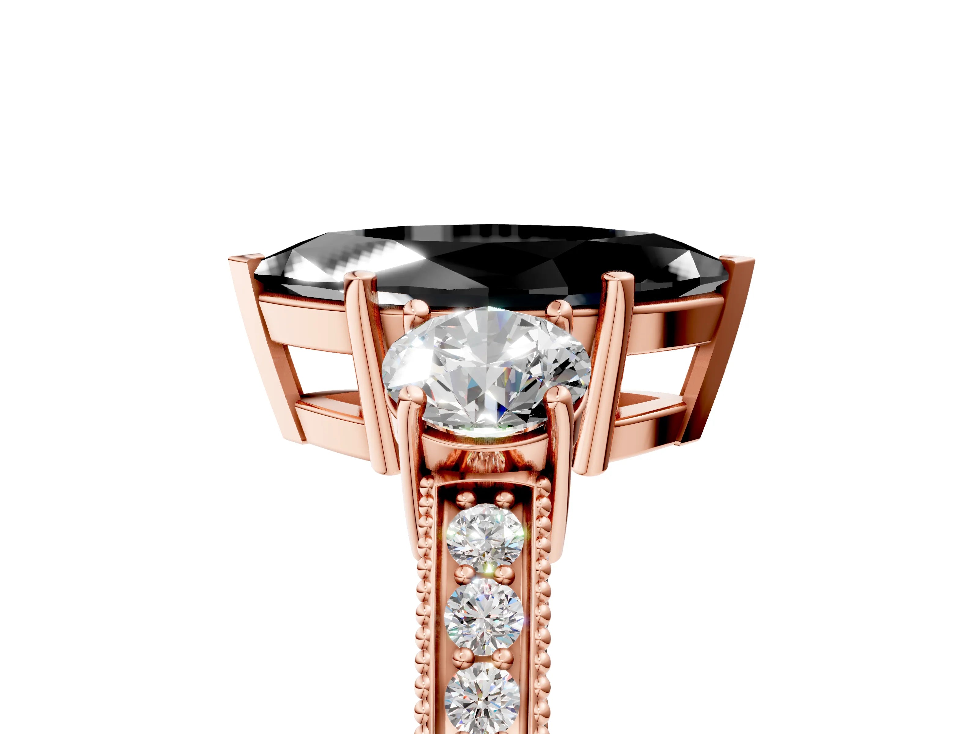 Rose gold Fancy Black Marquise Cut Three-Stone Diamond Ring with Pavé Band and Four-Prong Setting_5
