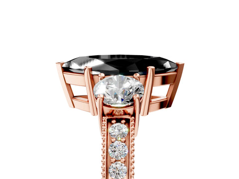 Rose gold Fancy Black Marquise Cut Three-Stone Diamond Ring with Pavé Band and Four-Prong Setting_5
