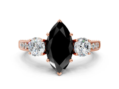 Rose gold Fancy Black Marquise Cut Three-Stone Diamond Ring with Pavé Band and Four-Prong Setting