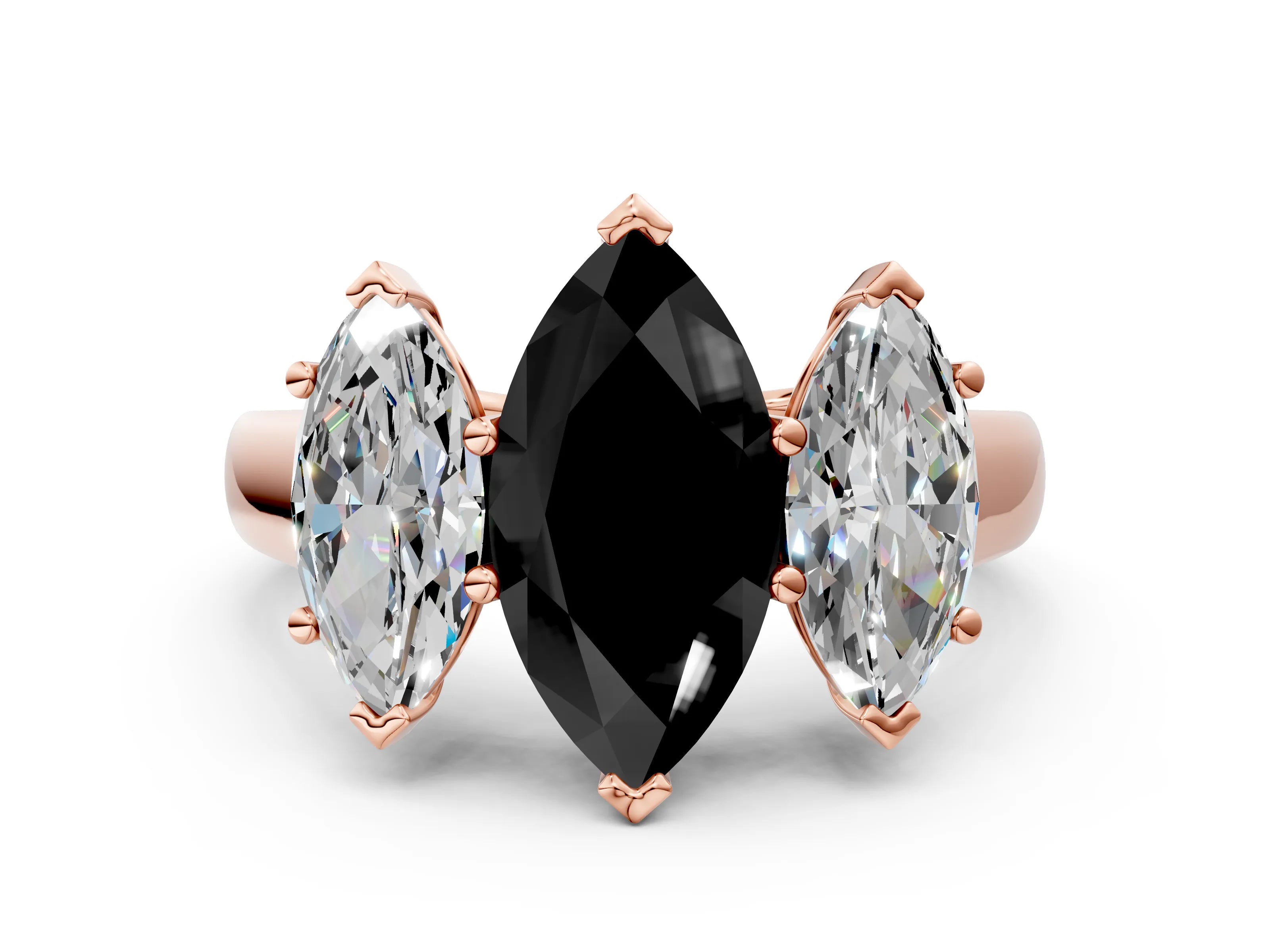 Rose gold Fancy Black Marquise Cut Three-Stone Diamond Ring with Prong Setting on a Classic Band