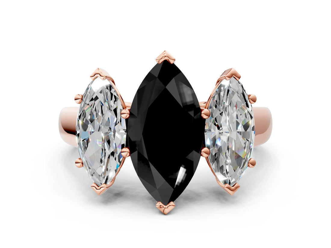 Rose gold Fancy Black Marquise Cut Three-Stone Diamond Ring with Prong Setting on a Classic Band_12