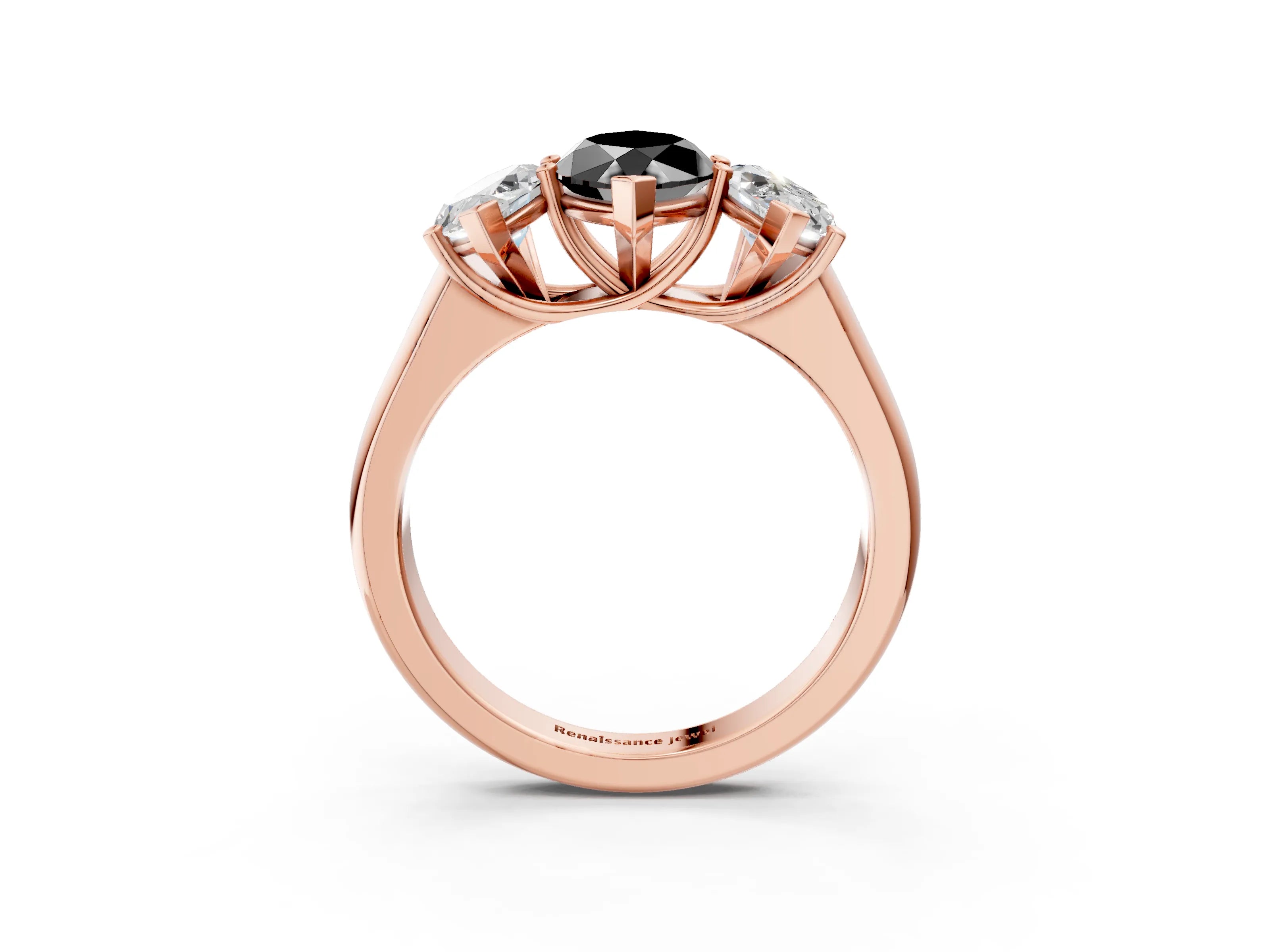 Rose gold Fancy Black Marquise Cut Three-Stone Diamond Ring with Prong Setting on a Classic Band_3