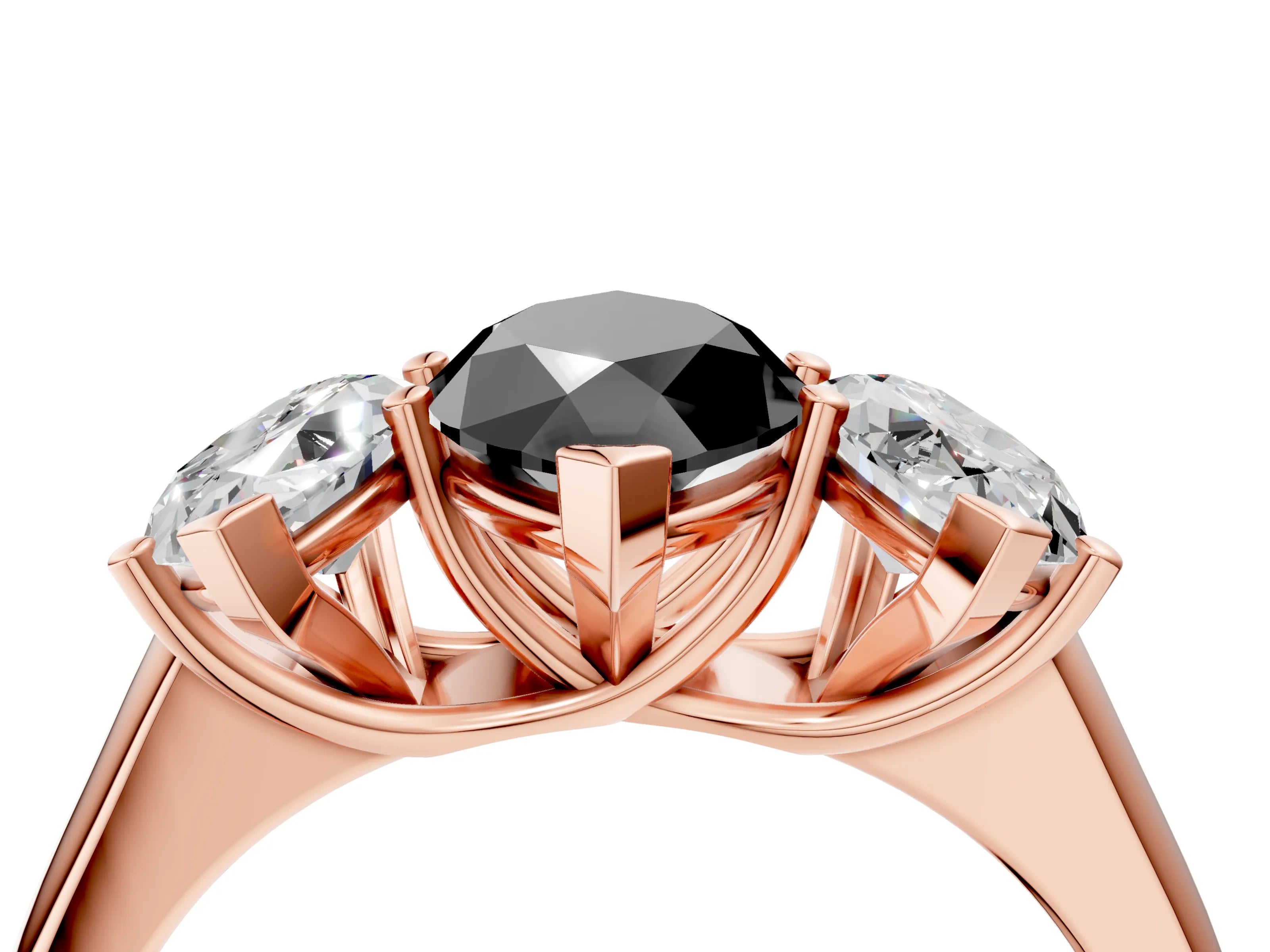 Rose gold Fancy Black Marquise Cut Three-Stone Diamond Ring with Prong Setting on a Classic Band_4