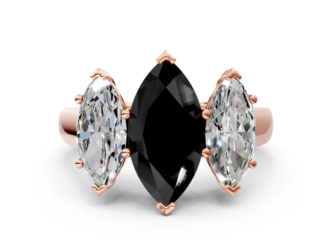 Rose gold Fancy Black Marquise Cut Three-Stone Diamond Ring with Prong Setting on a Classic Band