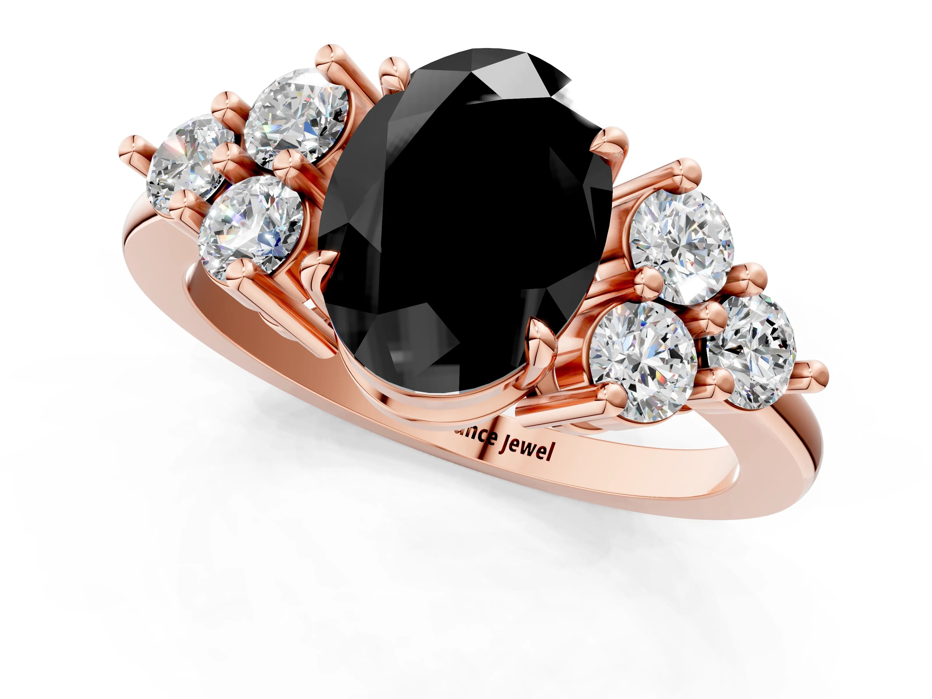 Rose gold Fancy Black Oval Cut Brilliant Diamond Cluster Accent Solitaire Ring with Prong Setting_1