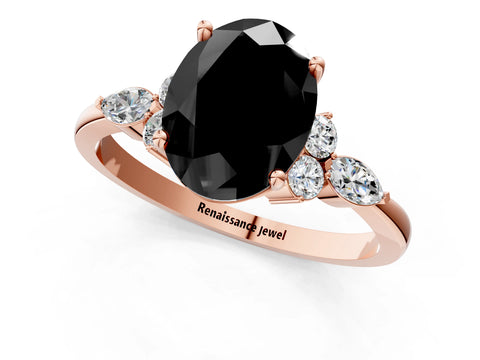 Rose gold Fancy Black Oval Cut Brilliant Diamond Solitaire Ring with Pear Side Stones and Four-Prong Setting_4