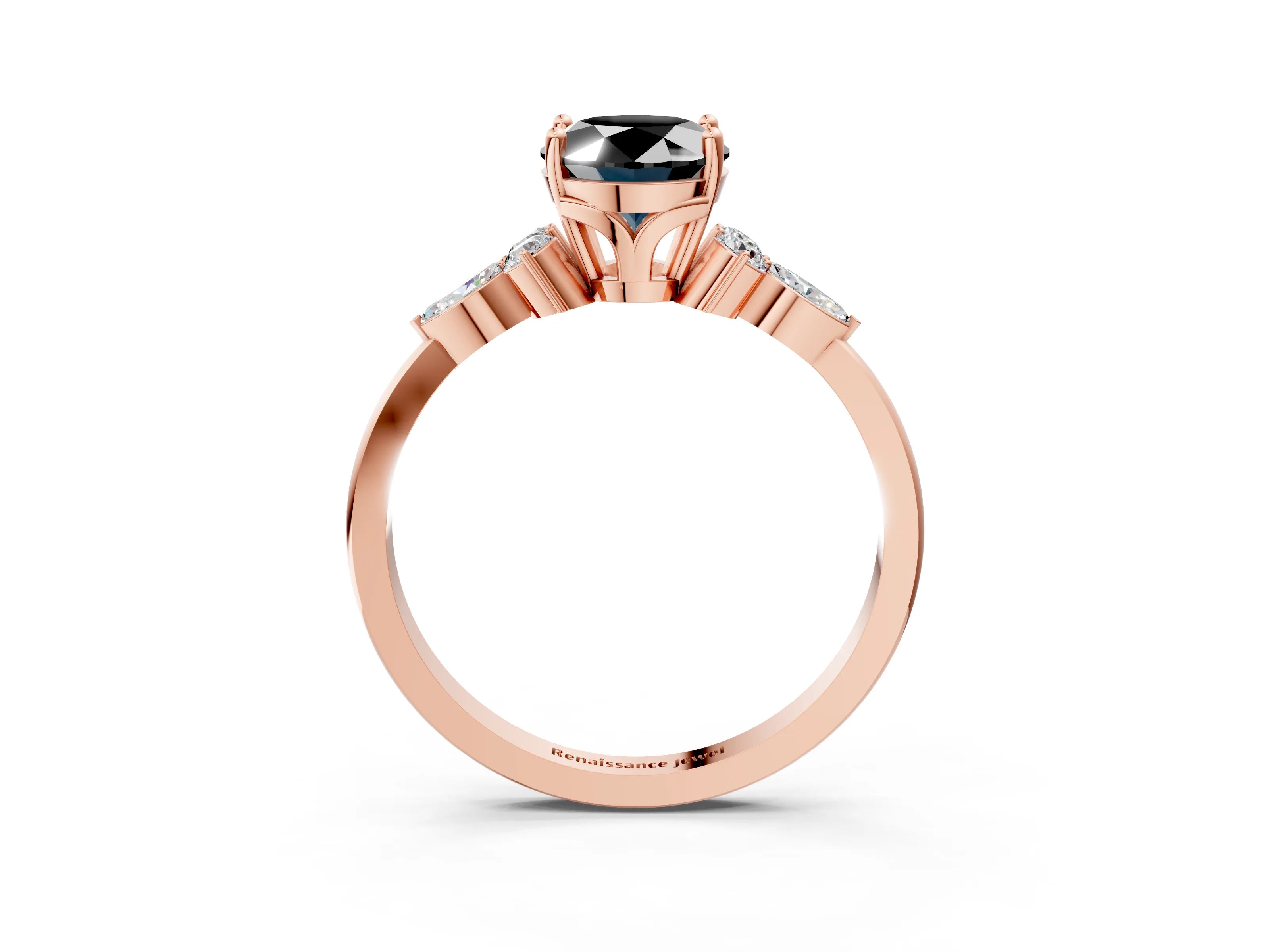 Rose gold Fancy Black Oval Cut Brilliant Diamond Solitaire Ring with Pear Side Stones and Four-Prong Setting_6
