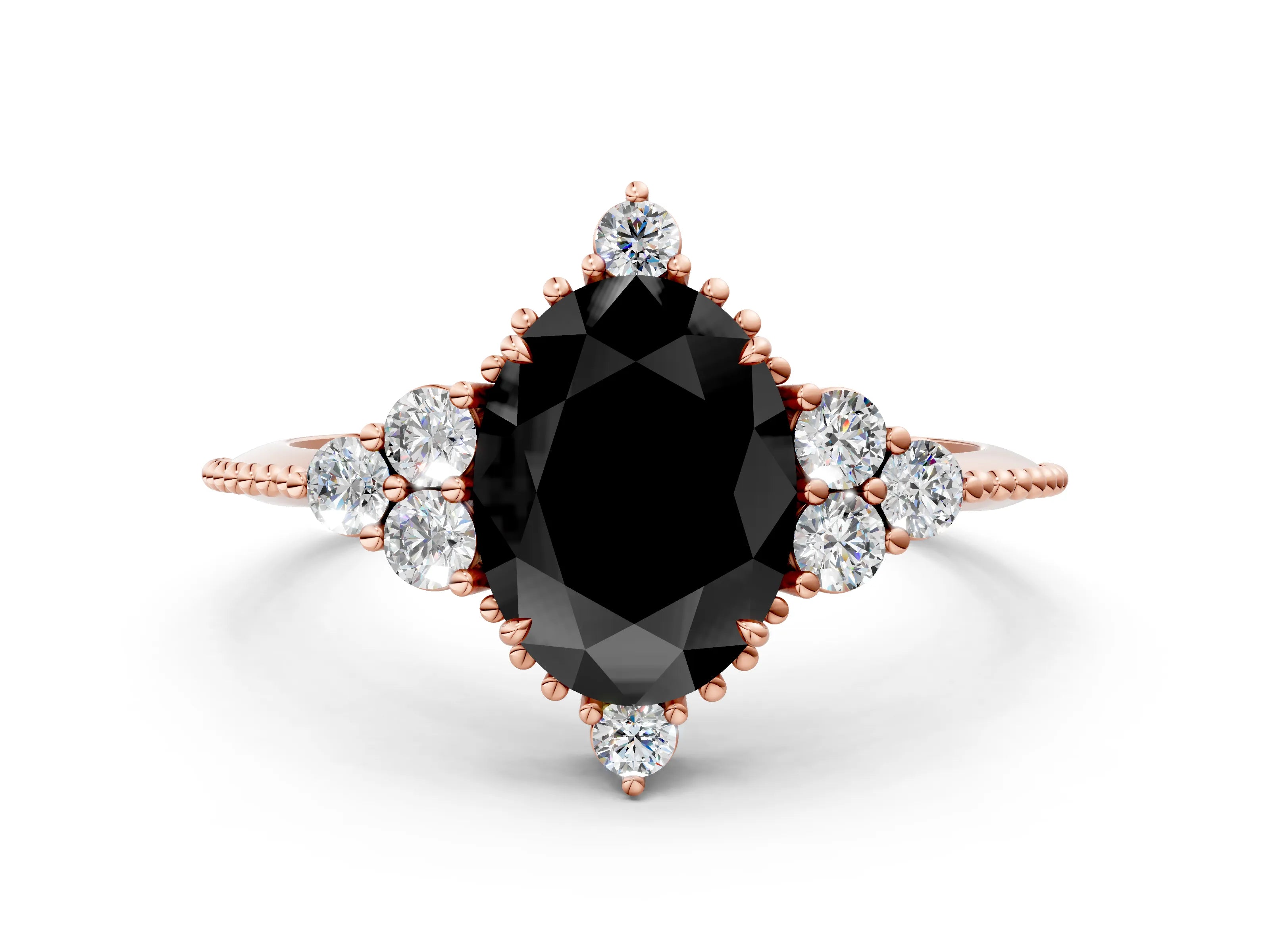 Rose gold Fancy Black Oval Cut Brilliant Diamond with Cluster Setting on a Beaded Band and Four-Prong Setting
