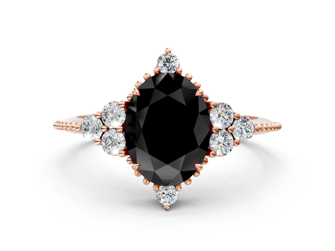 Rose gold Fancy Black Oval Cut Brilliant Diamond with Cluster Setting on a Beaded Band and Four-Prong Setting