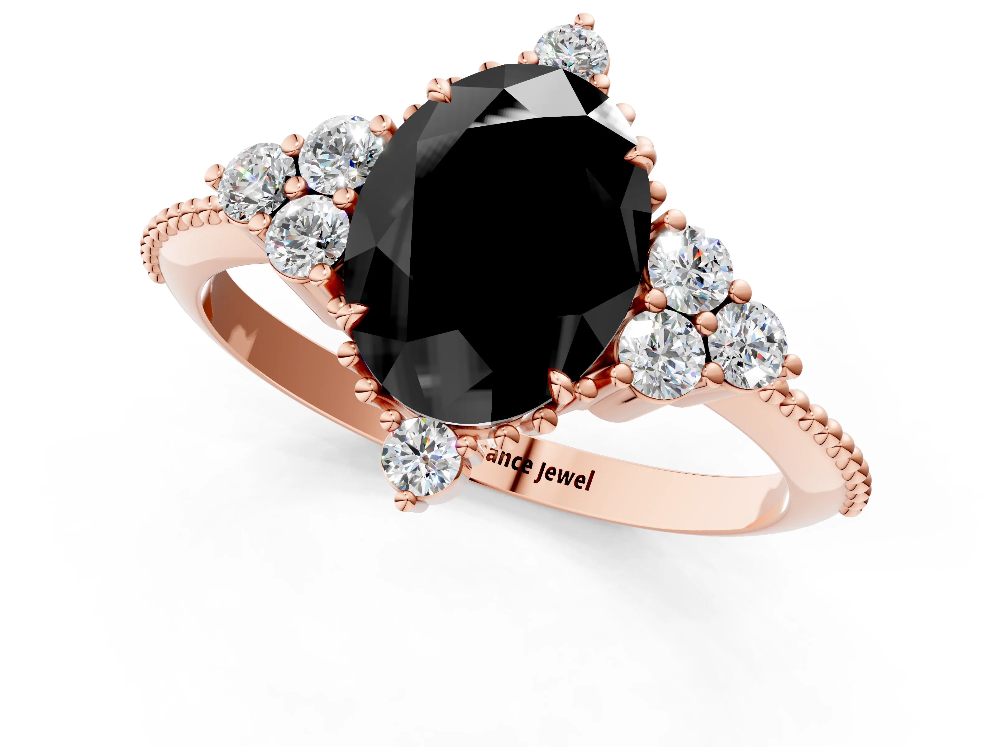 Rose gold Fancy Black Oval Cut Brilliant Diamond with Cluster Setting on a Beaded Band and Four-Prong Setting_1