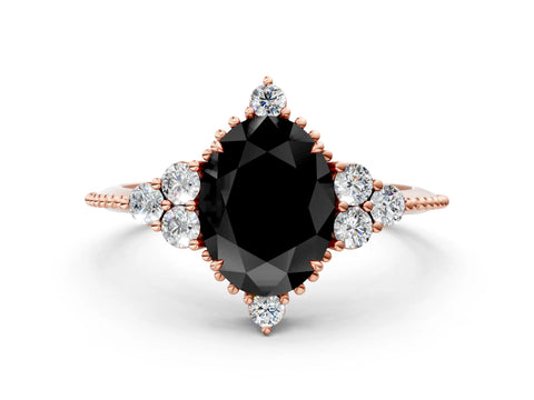 Rose gold Fancy Black Oval Cut Brilliant Diamond with Cluster Setting on a Beaded Band and Four-Prong Setting