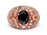 Rose gold Fancy Black Oval Cut Brilliant Halo Pave Diamond Milgrain Ring