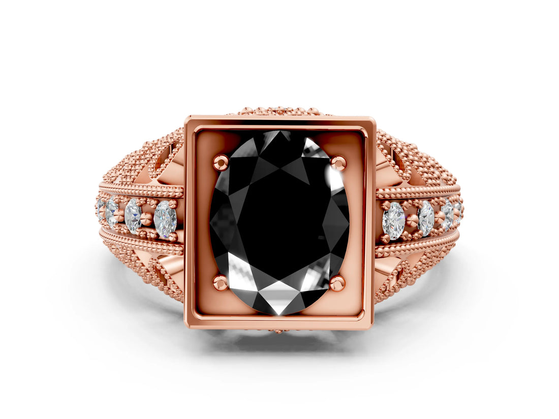 Rose gold Fancy Black Oval Cut Brilliant Milgrain Filigree Diamond Ring with Square Prong Setting