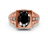 Rose gold Fancy Black Oval Cut Brilliant Milgrain Filigree Diamond Ring with Square Prong Setting