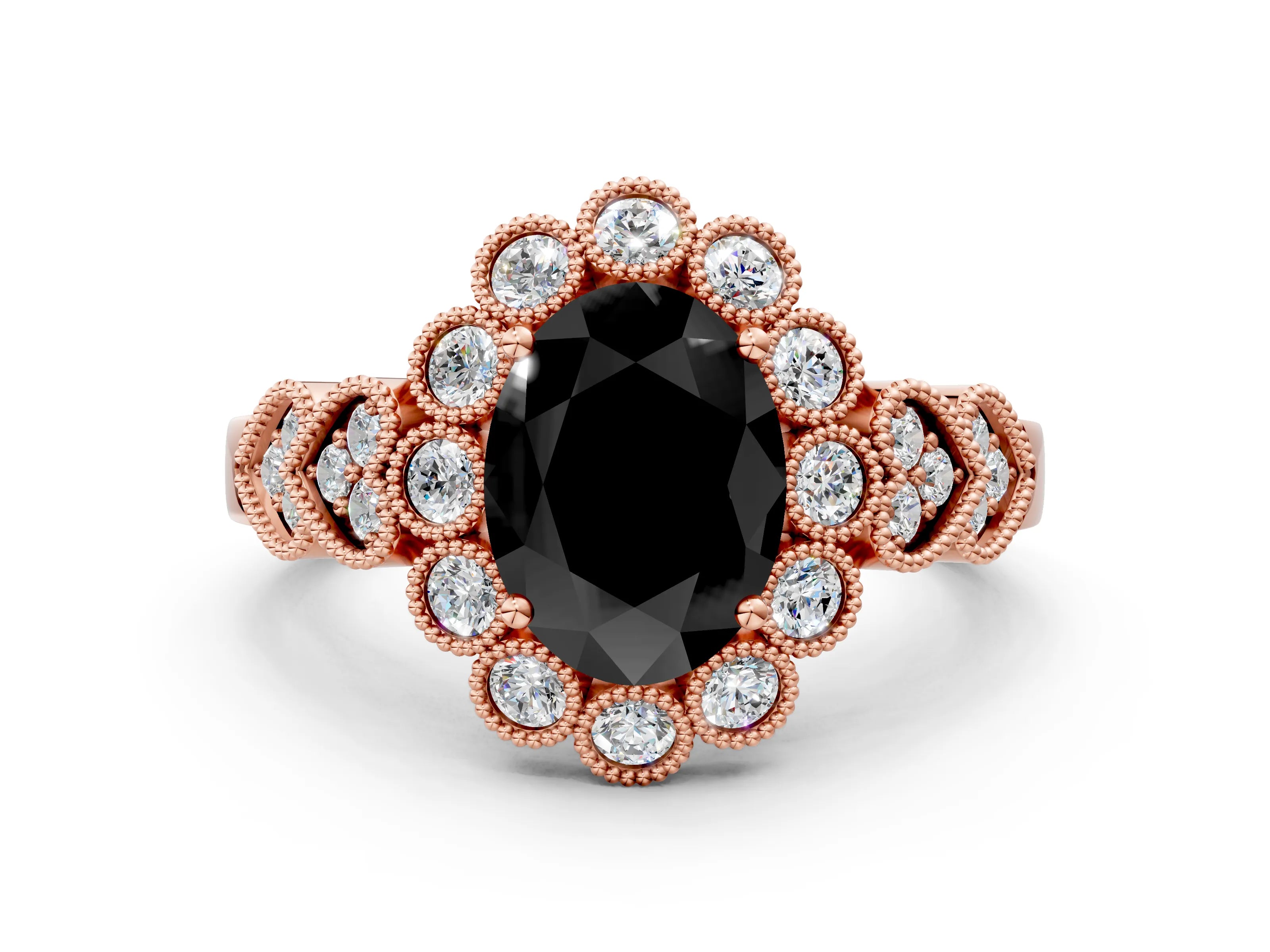 Rose gold Fancy Black Oval Cut Brilliant Milgrain Pave Heart Band Solitaire Ring_12