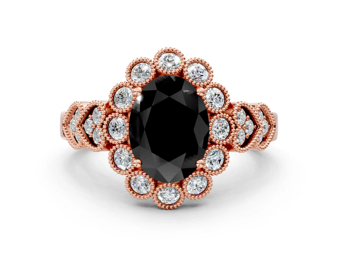 Rose gold Fancy Black Oval Cut Brilliant Milgrain Pave Heart Band Solitaire Ring_12