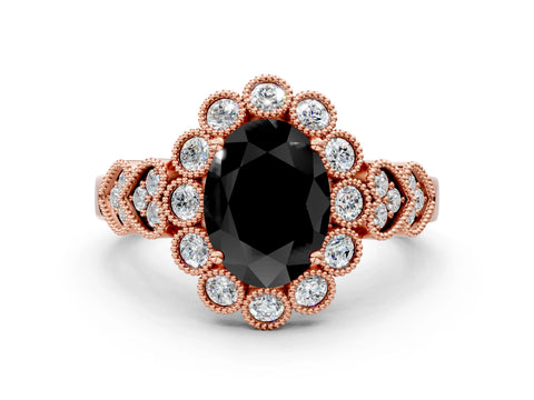 Rose gold Fancy Black Oval Cut Brilliant Milgrain Pave Heart Band Solitaire Ring_12