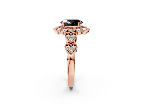 Rose gold Fancy Black Oval Cut Brilliant Milgrain Pave Heart Band Solitaire Ring_14