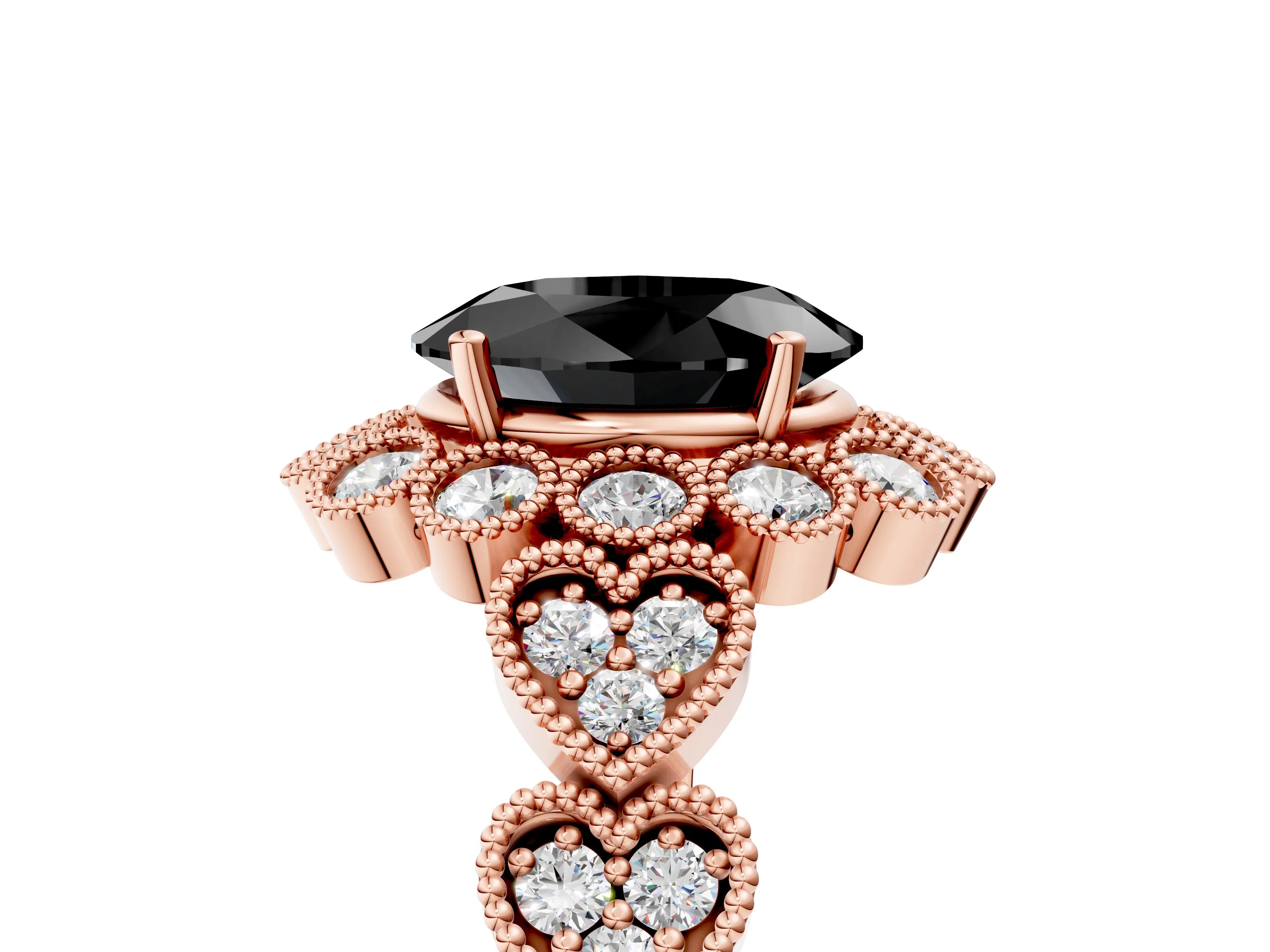 Rose gold Fancy Black Oval Cut Brilliant Milgrain Pave Heart Band Solitaire Ring_17