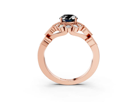 Rose gold Fancy Black Oval Cut Brilliant Milgrain Pave Heart Band Solitaire Ring_3