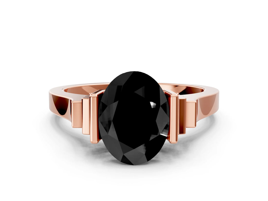 Rose gold Fancy Black Oval Cut Brilliant Solitaire Diamond Ring with Channel Set Band and Bar Prong Setting