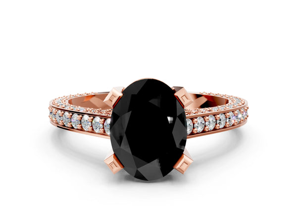 Rose gold Fancy Black Oval Cut Brilliant Split Shank Pave Solitaire Ring with Four-Prong Setting