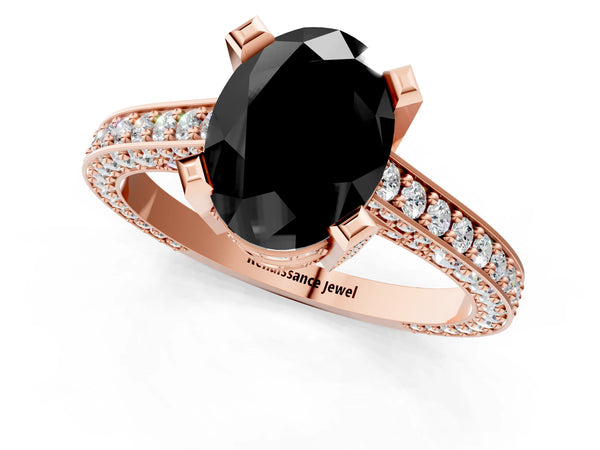Rose gold Fancy Black Oval Cut Brilliant Split Shank Pave Solitaire Ring with Four-Prong Setting