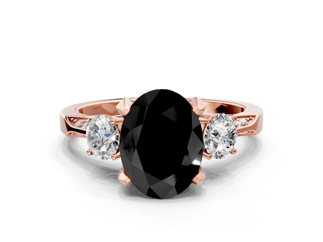 Rose gold Fancy Black Oval Cut Brilliant Three-Stone Diamond Ring with Pavé Band and Four-Prong Setting_3