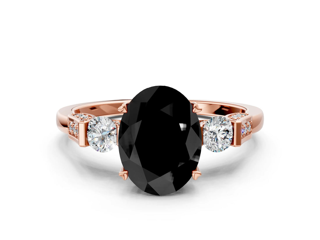 Rose gold Fancy Black Oval Cut Brilliant Three-Stone Pave Band with Four-Prong Setting