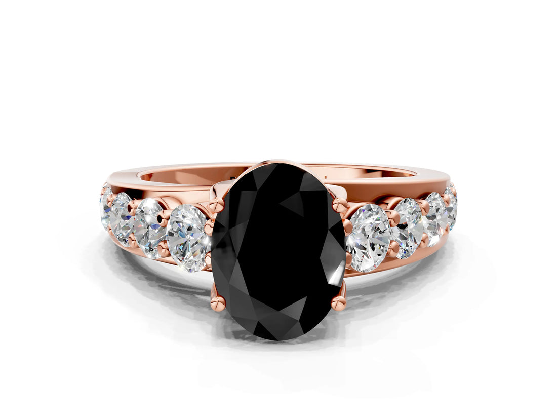 Rose gold Fancy Black Oval Cut Cut Diamond Engagement Ring with Pavé Band and Four-Prong Setting