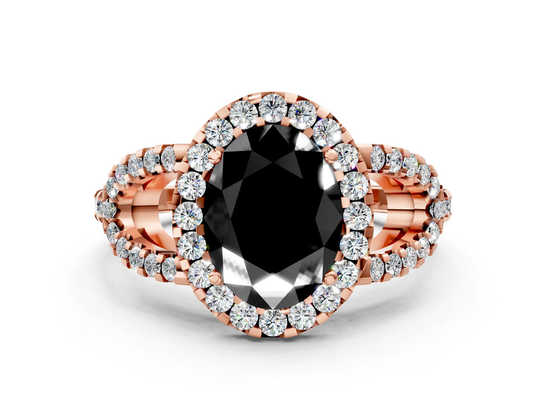 Rose gold Fancy Black Oval Cut Cut Diamond Halo Engagement Ring with Open Split Pavé Band