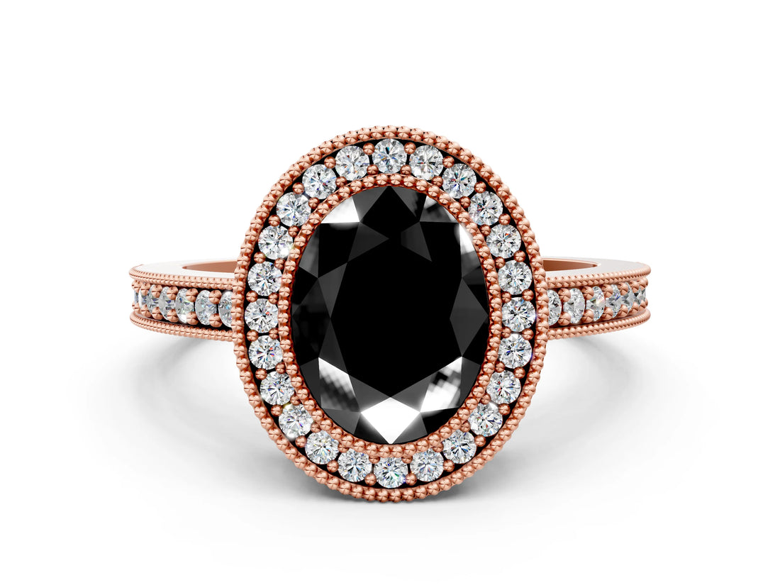 Rose gold Fancy Black Oval Cut-Cut Diamond Halo Engagement Ring with Pave Band and Prong Setting