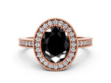 Rose gold Fancy Black Oval Cut-Cut Diamond Halo Engagement Ring with Pave Band and Prong Setting